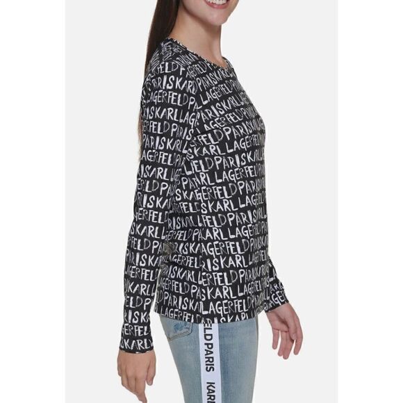Karl Lagerfeld Paris Black Printed Graphic Long Sleeved T NWT Size Small - Picture 2 of 9